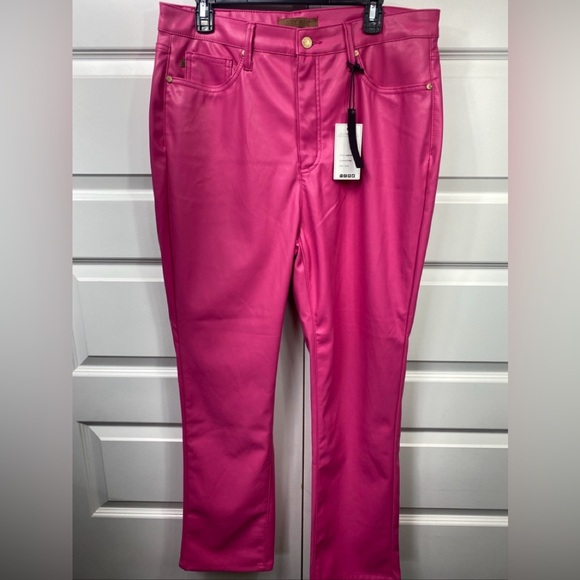 Judy Blue Hot Pink Faux Leather Pants Straight Leg Tummy Control 15/30 Wide Leg - Picture 1 of 7
